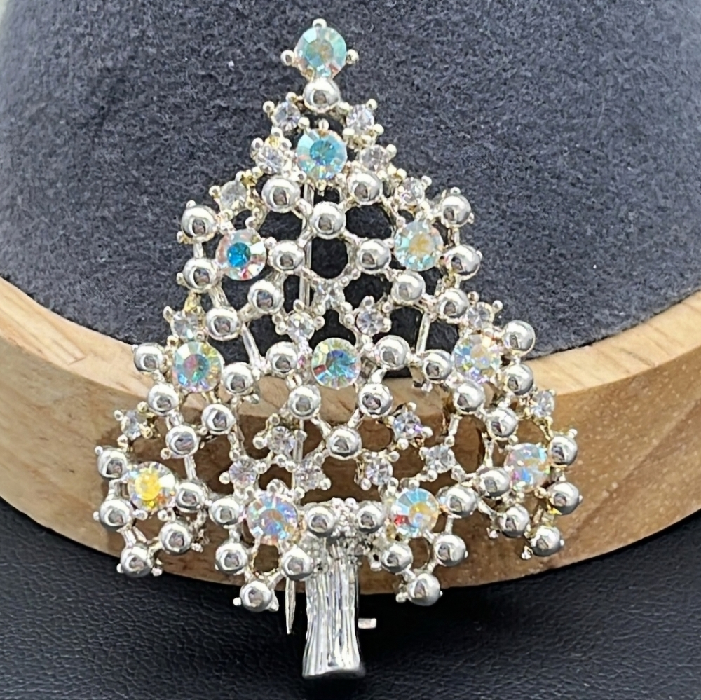 Vintage rare Eisenberg ice Silver and AB Christmas Tree Brooch